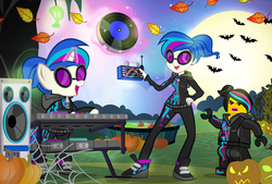 Size: 1200x812 | Tagged: safe, artist:pixelkitties, dj pon-3, vinyl scratch, bat, human, equestria girls, g4, alternate hairstyle, apple bobbing, clothes, crossover, full moon, hoodie, human ponidox, jack-o-lantern, lego, levitation, magic, nightmare night, open mouth, pumpkin, record, shoes, spider web, sunglasses, the lego movie, turntable, wyldstyle