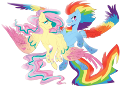 Size: 3064x2152 | Tagged: safe, artist:toskurra, fluttershy, rainbow dash, g4, flying, grin, high res, rainbow power, simple background, smiling, transparent background
