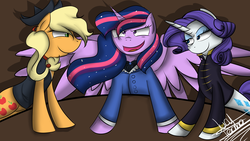 Size: 2732x1536 | Tagged: safe, artist:scarlett-letter, applejack, rarity, twilight sparkle, alicorn, pony, the count of monte rainbow, g4, a story told, clothes, crossover, danglajacks, danglars, female, mare, mondego, monsparkle, open mouth, rarifort, signature, table, the count of monte cristo, twilight sparkle (alicorn), villefort
