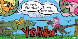 Size: 880x440 | Tagged: safe, artist:sillyfillysketches, applejack, pinkie pie, dinosaur, earth pony, pony, tyrannosaurus rex, g4, dialogue, female, jousting, lance, mare, ponies riding dinosaurs, riding, speech bubble