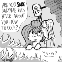 Size: 512x512 | Tagged: safe, artist:dsp2003, oc, oc:brownie bun, comic, crossover, cute, fire, kitchen, monochrome, open mouth, papyrus (undertale), property damage, single panel, skeleton, sketch, smoke, this will end in tears and/or breakfast, undertale