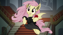 Size: 3840x2160 | Tagged: safe, artist:beavernator, fluttershy, bat pony, pony, vampire, g4, all glory to the beaver grenadier, apple, beavernator is trying to murder us, clothes, cute, dress, female, flutterbat, flying, high res, magic the gathering, shyabates, solo