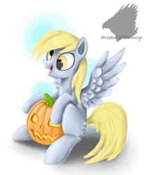 Size: 1600x1943 | Tagged: safe, artist:gryphonofdarkness, derpy hooves, pegasus, pony, g4, female, jack-o-lantern, mare, simple background, sitting, solo, spread wings, transparent background