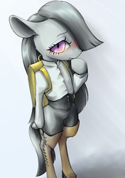 Size: 2039x2894 | Tagged: safe, artist:unousaya, marble pie, earth pony, pony, semi-anthro, g4, hearthbreakers, arm hooves, backpack, bipedal, blushing, boots, clothes, digital art, female, hair over one eye, high heel boots, high res, looking at you, mare, pants, randoseru, shirt, shoes, solo, standing, thigh boots