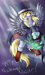 Size: 768x1280 | Tagged: safe, artist:whitenoiseghost, derpy hooves, pegasus, pony, vampire, g4, candy, clothes, costume, female, floppy ears, flying, halloween, mare, nightmare night, nightmare night costume, solo