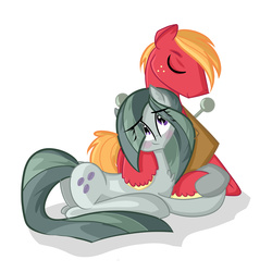 Size: 3000x3000 | Tagged: safe, artist:asimplerarity, big macintosh, marble pie, earth pony, pony, g4, hearthbreakers, blushing, butt, butt tail, cuddling, eyes closed, female, high res, male, mare, plot, prone, ship:marblemac, shipping, smiling, snuggling, stallion, straight