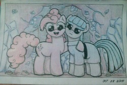 Size: 608x412 | Tagged: safe, artist:ljdamz1119, maud pie, pinkie pie, g4, hearthbreakers, cave, gem, mine, monochrome, traditional art