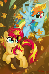 Size: 1000x1500 | Tagged: safe, artist:sunsetcrady, rainbow dash, sunset shimmer, pegasus, pony, unicorn, equestria girls, g4, autumn, duo, eye contact, female, flying, lesbian, open mouth, shipping, signature, sunsetdash