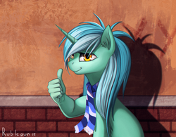 Size: 1585x1235 | Tagged: safe, artist:rublegun, lyra heartstrings, pony, unicorn, g4, background pony, chromatic aberration, clothes, cool story bro, ear fluff, female, hand, leg fluff, lidded eyes, looking at you, lyra's humans, mare, mutation, reaction image, scarf, shadow, signature, sitting, smiling, smirk, solo, suddenly hands, thumbs up, wall, wat