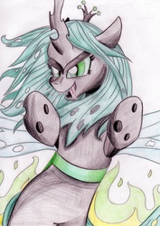 Size: 1024x1449 | Tagged: safe, artist:twinkleheart12, queen chrysalis, changeling, changeling queen, g4, female, rearing, solo, tongue out, traditional art