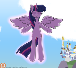 Size: 1024x914 | Tagged: safe, artist:mechanized515, twilight sparkle, alicorn, pony, g4, ascension, canterlot castle, eyes closed, female, flying, mare, patreon, patreon logo, solo, twilight sparkle (alicorn)