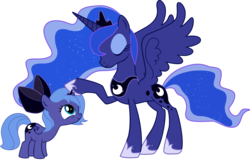 Size: 1493x993 | Tagged: artist needed, source needed, safe, princess luna, g4, cute, duality, filly, hair bow, lunabetes, self ponidox, simple background, smiling, time paradox, transparent background, vector, woona