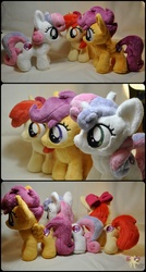 Size: 812x1513 | Tagged: safe, artist:ketika, apple bloom, scootaloo, sweetie belle, earth pony, pegasus, pony, unicorn, crusaders of the lost mark, g4, cutie mark, cutie mark crusaders, female, filly, irl, photo, plushie, the cmc's cutie marks