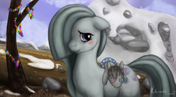Size: 1200x665 | Tagged: safe, artist:winternachts, marble pie, smarty pants, earth pony, pony, g4, hearthbreakers, blushing, cute, female, floppy ears, hair over one eye, implied marblemac, mare, rock candy necklace, rock farm, shy, smiling, solo