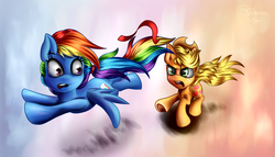 Size: 3500x2000 | Tagged: safe, artist:ferasor, applejack, rainbow dash, g4, chase, hairband, high res