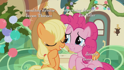 Size: 1920x1080 | Tagged: safe, screencap, applejack, pinkie pie, g4, hearthbreakers, anticipation, apple pie, cute, eyes closed, incoming licky lick, out of context, pie, smiling, train