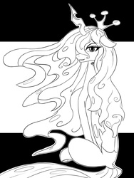 Size: 1024x1365 | Tagged: safe, artist:chapaevv, queen chrysalis, changeling, changeling queen, g4, crown, female, jewelry, looking at you, monochrome, regalia, solo