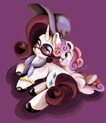 Size: 1024x1181 | Tagged: safe, artist:shivall, rarity, sweetie belle, g4, hat, sunglasses