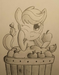 Size: 805x1014 | Tagged: safe, artist:spackle, applejack, g4, apple, basket, eating, female, heart, monochrome, pencil drawing, solo, that pony sure does love apples, traditional art