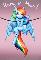 Size: 1024x1497 | Tagged: safe, artist:noodlefreak88, rainbow dash, pegasus, pony, g4, deviantart watermark, eye clipping through hair, eyebrows, eyebrows visible through hair, female, grin, hang in there, hanging, motivational poster, obtrusive watermark, one eye closed, rope, smiling, solo, underhoof, watermark, wink