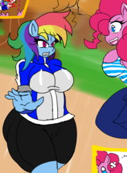 Size: 943x1280 | Tagged: safe, artist:rainic, pinkie pie, rainbow dash, anthro, g4, breasts, busty pinkie pie, busty rainbow dash, female, plump, the ass was fat, thunder thighs