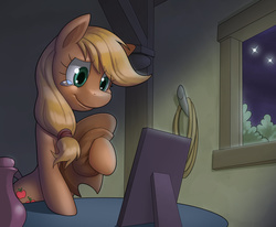 Size: 1024x842 | Tagged: safe, artist:nauth, applejack, earth pony, pony, g4, applejack's parents, bedroom, crying, female, hat, hoof hold, leaning, mare, picture frame, proud, shooting star, smiling, solo, tears of joy, window