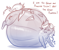 Size: 1280x1099 | Tagged: safe, artist:secretgoombaman12345, trixie, pony, unicorn, ask chubby diamond, g4, fat, female, food transformation, great and powerful, great pumpkin, immobile, impossibly large belly, jack-o-lantern, mare, morbidly obese, obese, peanuts, plant tf, pumpkin, solo, the great and bountiful trixie, transformation