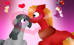 Size: 900x551 | Tagged: safe, artist:xxgalaxy-starxx, big macintosh, cheerilee, fluttershy, marble pie, earth pony, pony, g4, angry, anti-shipping, big macintosh gets all the mares, blushing, crying, heart, heartbreak, male, question mark, ship:cheerimac, ship:fluttermac, ship:marblemac, shipping, stallion, straight