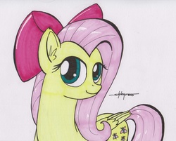Size: 900x725 | Tagged: safe, artist:shikogo, fluttershy, g4, bow, female, hair bow, smiling, solo, traditional art