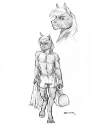 Size: 950x1296 | Tagged: safe, artist:baron engel, big macintosh, earth pony, anthro, unguligrade anthro, g4, bag, clothes, male, male nipples, monochrome, nipples, partial nudity, pencil drawing, shorts, solo, topless, towel, traditional art, unshorn fetlocks