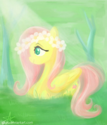 Size: 1024x1195 | Tagged: safe, artist:gjkou, fluttershy, g4, crepuscular rays, female, floral head wreath, prone, smiling, solo