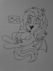 Size: 960x1280 | Tagged: safe, artist:notenoughapples, fluttershy, bat pony, pony, g4, apple, black and white, female, flutterbat, grayscale, happy, heart, lineart, monochrome, on back, open mouth, pictogram, smiling, solo, traditional art
