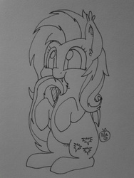 Size: 960x1280 | Tagged: safe, artist:notenoughapples, fluttershy, bat pony, pony, g4, black and white, chewing, cute, female, flutterbat, grayscale, lineart, monochrome, nom, shyabetes, solo, traditional art