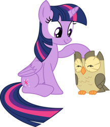 Size: 3085x3559 | Tagged: safe, artist:porygon2z, owlowiscious, twilight sparkle, alicorn, bird, owl, pony, g4, awwlowiscious, cute, eyes closed, female, high res, mare, petting, simple background, smiling, transparent background, twilight sparkle (alicorn), vector