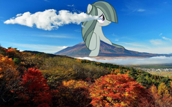 Size: 1024x640 | Tagged: safe, marble pie, pony, g4, blushing, cloud, cloudy, giant pony, giantess, highrise ponies, irl, japan, macro, mount fuji, photo, ponies in real life, solo, vector