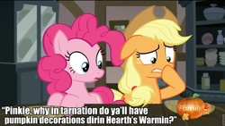 Size: 960x540 | Tagged: safe, edit, edited screencap, screencap, applejack, pinkie pie, g4, hearthbreakers, discovery family, discovery family logo, image macro, meme, pumpkin