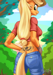 Size: 955x1351 | Tagged: safe, artist:mysticalpha, applejack, earth pony, anthro, g4, ass, butt, clothes, cowboy hat, female, fingerless gloves, freckles, gloves, hat, looking at you, looking back, looking down, patreon, rear view, shorts, solo, stetson, tattoo, tramp stamp