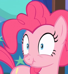 Size: 780x851 | Tagged: safe, screencap, pinkie pie, g4, the one where pinkie pie knows, female, scrunchy face, solo, wide eyes