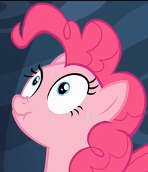 Size: 799x928 | Tagged: safe, screencap, pinkie pie, g4, the one where pinkie pie knows, female, scrunchy face, solo, sweat