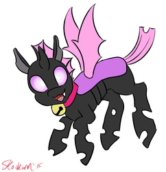 Size: 784x809 | Tagged: safe, artist:skookum, oc, oc only, changeling, :3, bell, bell collar, changeling oc, collar, cute, pink changeling, solo