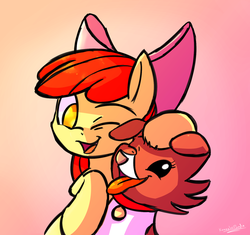 Size: 1700x1600 | Tagged: safe, artist:kanashiipanda, apple bloom, winona, dog, g4, adorabloom, bow, collar, cute, dog collar, duo, filly, hair bow, no pupils, one eye closed, open mouth, pet, pet tag, tongue out, winonabetes