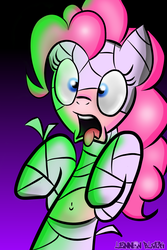 Size: 1000x1500 | Tagged: safe, artist:lennonblack, pinkie pie, g4, belly button, bipedal, clothes, costume, female, mummy, nightmare night costume, solo, tongue out