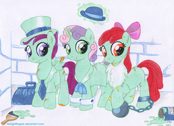 Size: 1241x900 | Tagged: safe, artist:foxxy-arts, apple bloom, scootaloo, sweetie belle, ghost, g4, bowler hat, chains, clothes, costume, cutie mark crusaders, disneyland, ghost costume, halloween, halloween costume, hat, hitchhiking ghosts, paint, paint on feathers, paint on fur, shackles, the haunted mansion, walt disney world