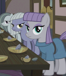 Size: 395x449 | Tagged: safe, screencap, boulder (g4), limestone pie, marble pie, maud pie, earth pony, pony, g4, hearthbreakers, season 5, animated, cannibalism, female, looking at you, mare, pie sisters, rock cannibalism, rock soup