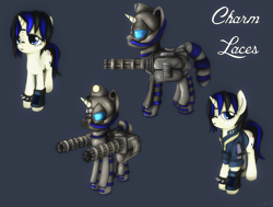 Size: 2866x2164 | Tagged: safe, artist:darkstylerz, oc, oc only, oc:charm laces, pony, unicorn, fallout equestria, clothes, high res, jumpsuit, piercing, pipbuck, power armor, reference sheet, steel ranger, vault suit