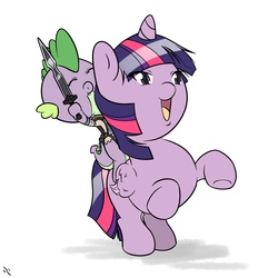 Size: 1500x1500 | Tagged: safe, artist:doggonepony, spike, twilight sparkle, alicorn, dragon, pony, g4, agro, clothes, costume, crossover, dragons riding ponies, duo, female, halloween, mare, nightmare night costume, rearing, riding, shadow of the colossus, spike riding twilight, twilight sparkle (alicorn), wander, weapon