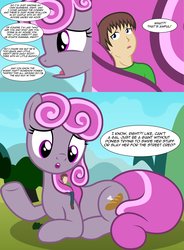 Size: 2888x3925 | Tagged: safe, artist:badumsquish, derpibooru exclusive, oc, oc only, oc:generic messy hair anime anon, earth pony, human, pony, g4, :o, badumsquish is trying to murder us, comic, complaining, cute, dialogue, duo, fairy tale, female, frown, giant pony, high res, jack and the beanstalk, macro, male, mare, open mouth, prone, sad, sad pony, sitting, underhoof