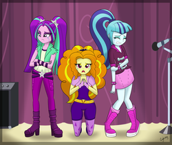 Size: 1000x843 | Tagged: safe, artist:thebrokencog, adagio dazzle, aria blaze, sonata dusk, equestria girls, g4, begging, clothes, commission, crossed arms, crying, curtains, eyes closed, fingerless gloves, frown, gloves, gritted teeth, group, kneeling, looking at you, looking down, microphone, open mouth, signature, spikes, stage, the dazzlings, trio, woobie, wristband