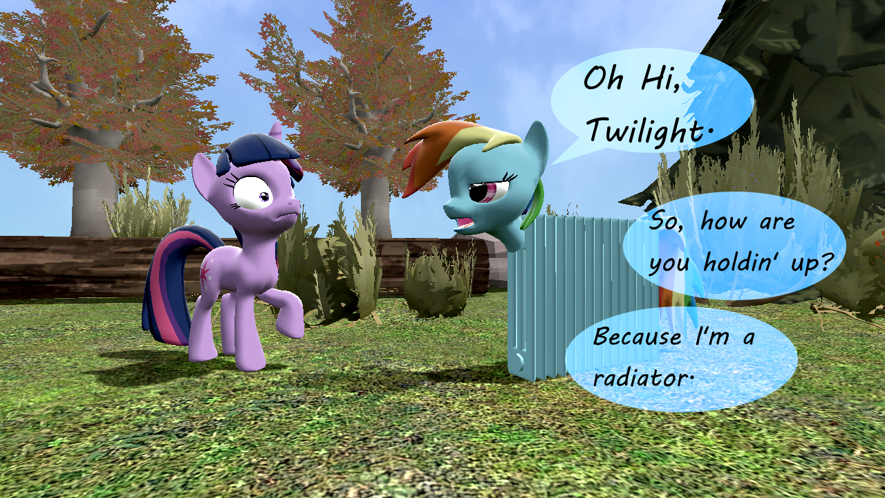 1011379 - safe, artist:dragonboi471, rainbow dash, twilight sparkle, pony,  unicorn, g4, 3d, female, gmod, inanimate tf, mare, objectification, portal,  radiator, radiator dash, transformation - Derpibooru