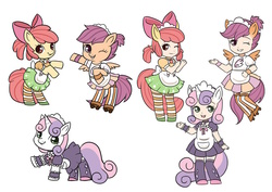 Size: 900x636 | Tagged: safe, artist:kongyi, apple bloom, scootaloo, sweetie belle, human, pony, g4, adorabloom, bipedal, clothes, cute, cutealoo, cutie mark crusaders, diasweetes, eared humanization, horn, horned humanization, human ponidox, humanized, maid, skirt, tailed humanization, winged humanization